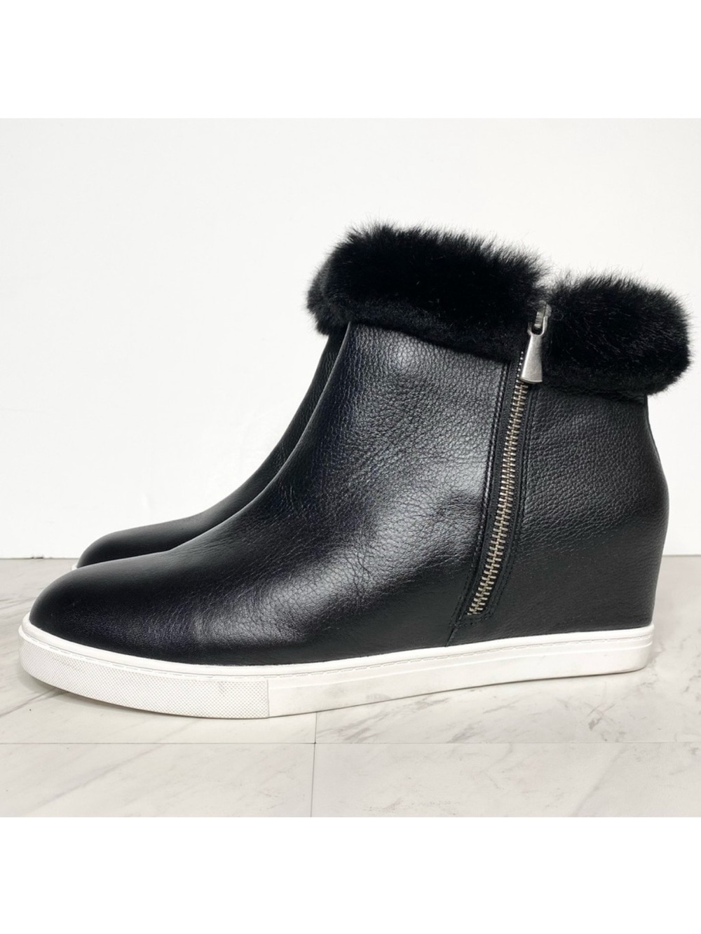 Paolo Flossie Black Faux Fur Cuff Hidden Wedge Bootie 11M